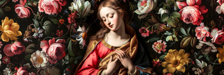 Virgem Maria em oração com halo dourado e flores renascentistas