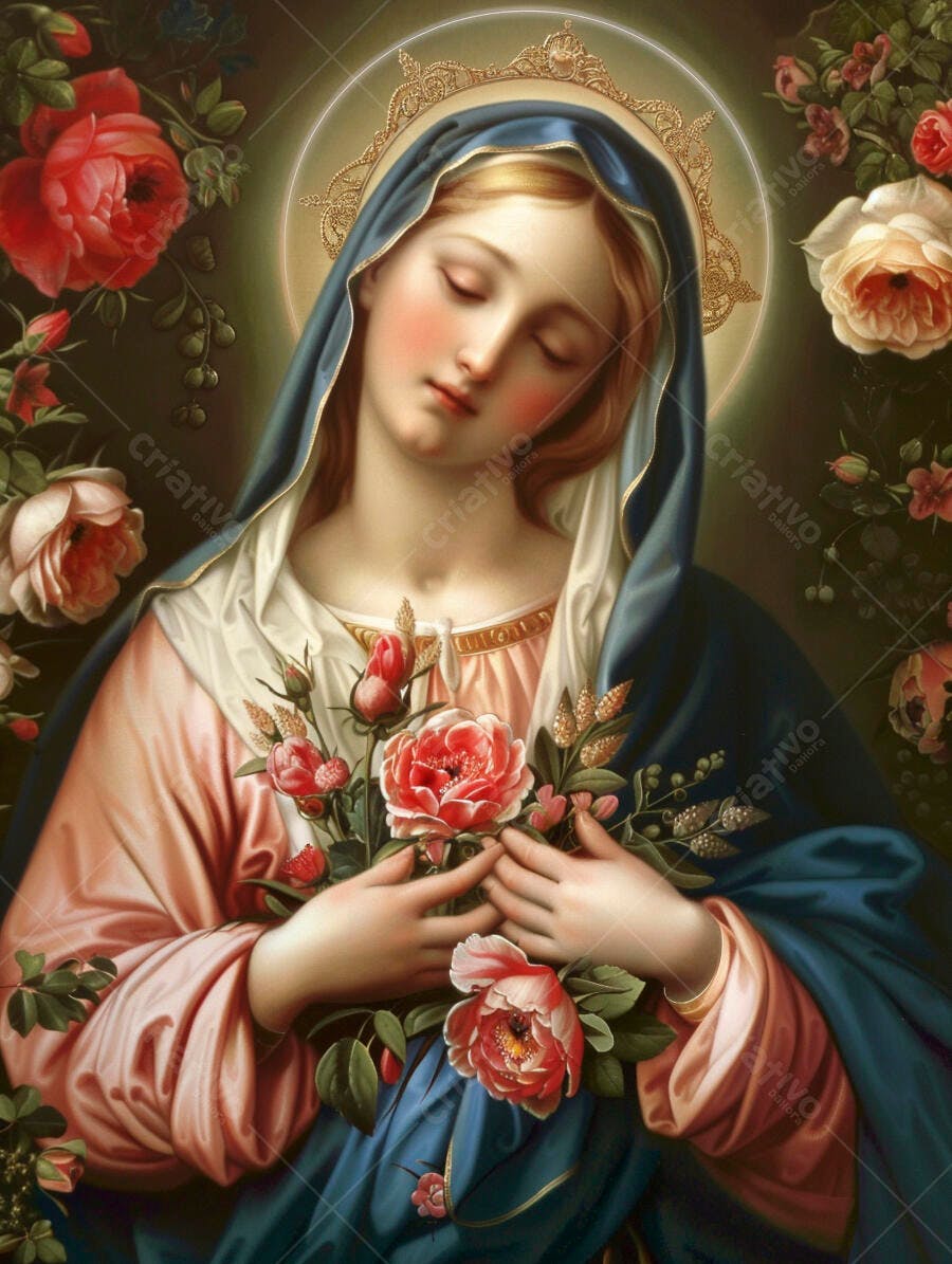 Virgem Maria com rosas manto azul e halo dourado em arte religiosa