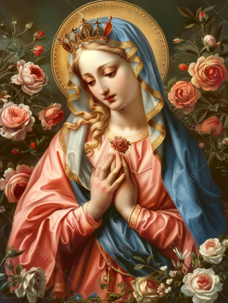 Virgem Maria coroada orando com terço e rosas em jardim florido