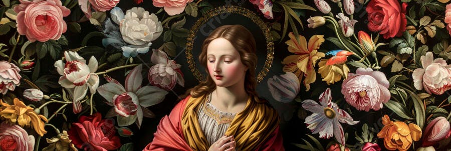 Mulher santa caucasiana com auréola dourada manto vermelho e flores em fundo escuro