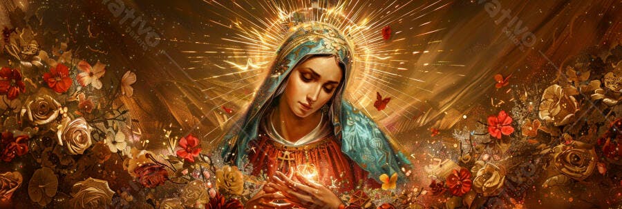 Virgem Maria em manto azul com halo dourado luz nas mãos e jardim místico de rosas
