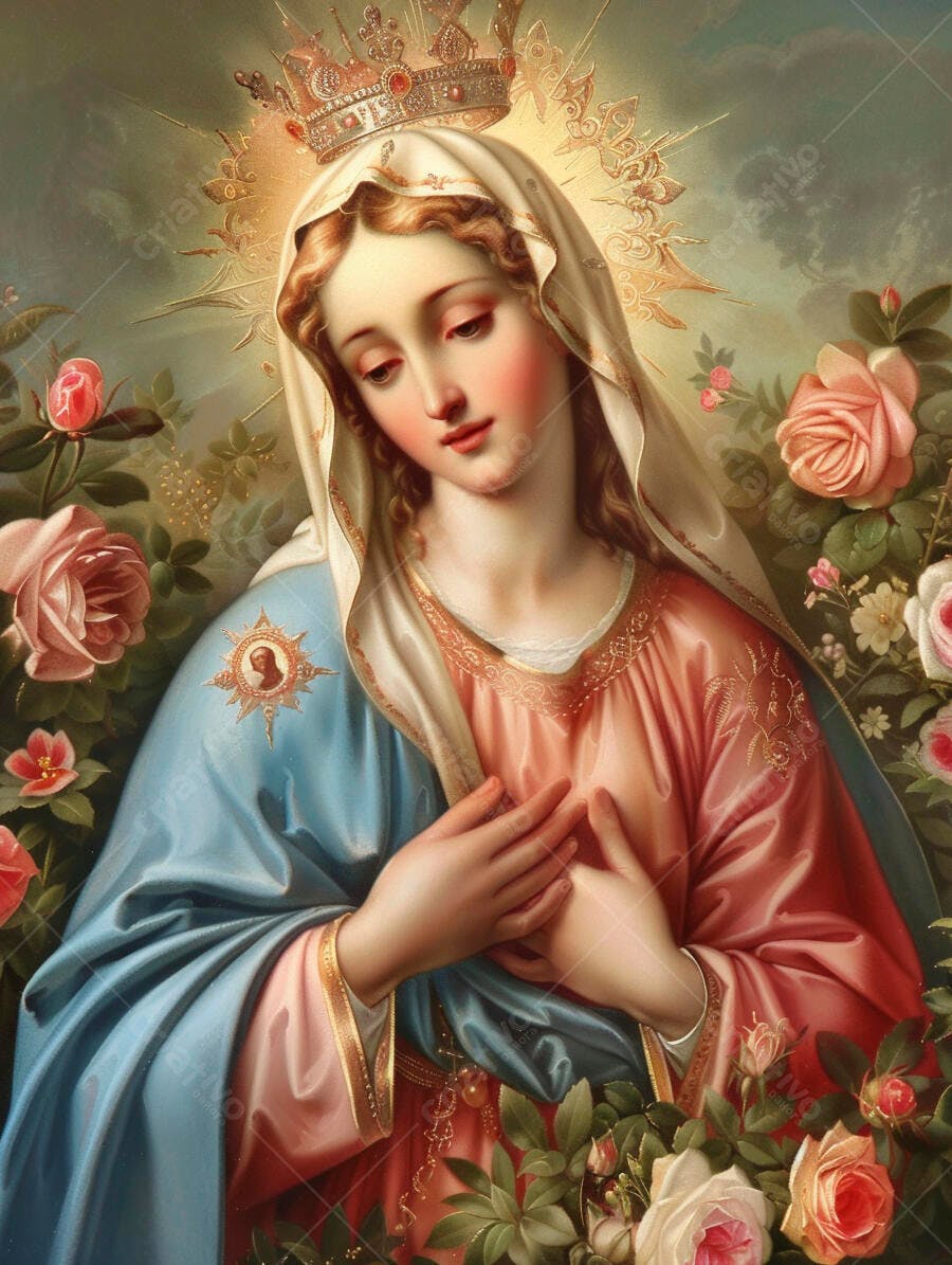 Nossa Senhora coroada com manto azul em um jardim de rosas