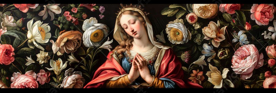 Virgem Maria em oração com coroa em jardim floral vibrante