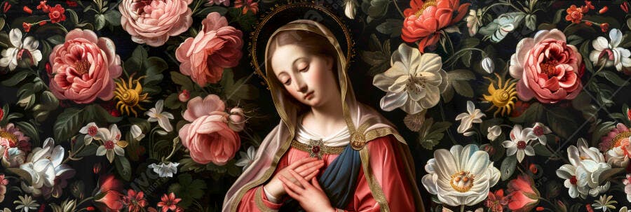 Virgem Maria com halo em manto vermelho entre rosas e flores escuras