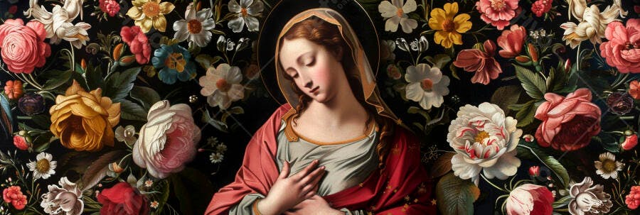Virgem Maria de véu e vestes vermelhas entre flores coloridas arte sacra
