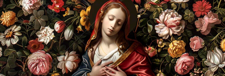 Virgem Maria pintura clássica com auréola e manto vermelho entre flores exuberantes