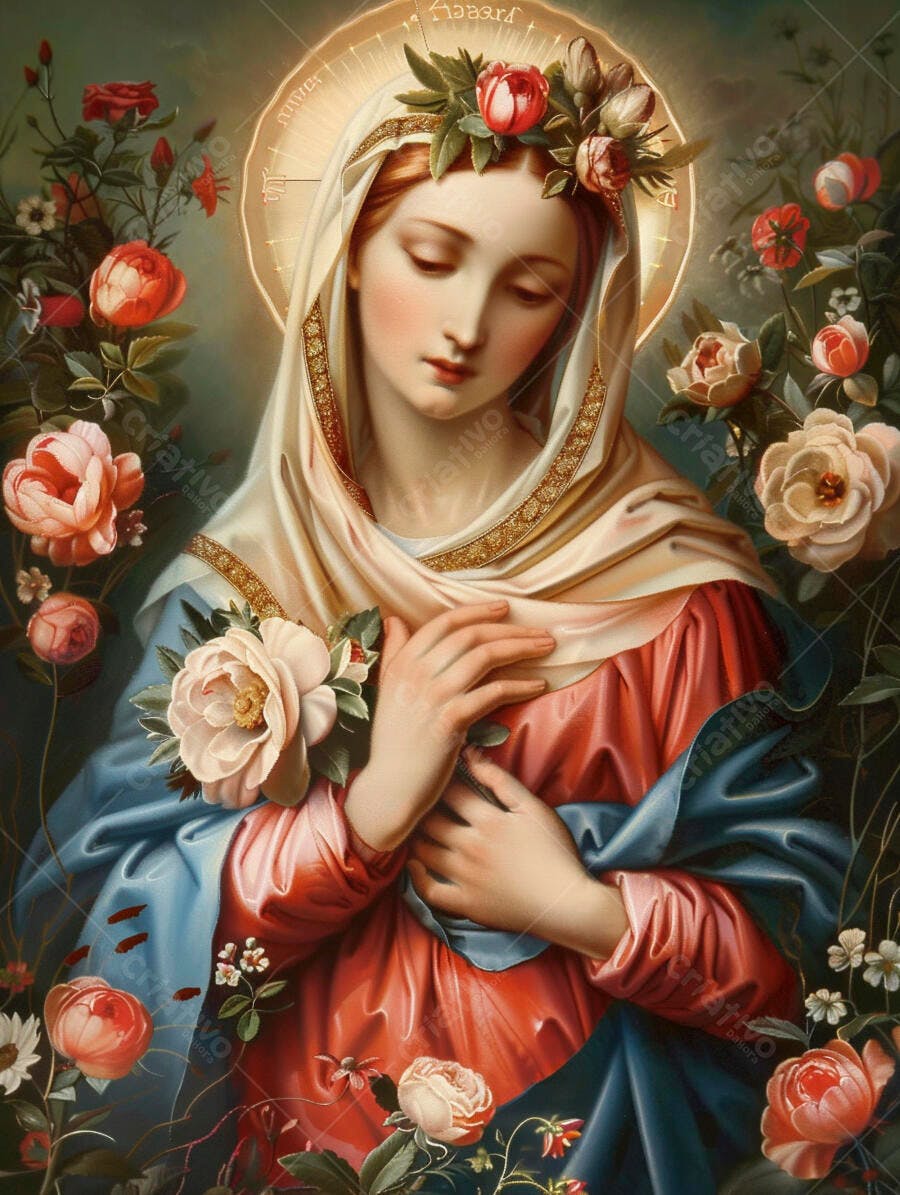 Virgem Maria serena com coroa de rosas e véu dourado em jardim clássico