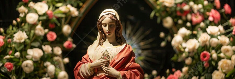 Estátua de Nossa Senhora com manto vermelho em meio a rosas brancas e cor-de-rosa