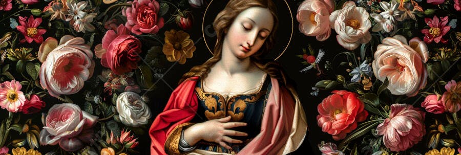 Mulher serena com halo em vestes vermelhas e azuis e fundo floral barroco escuro