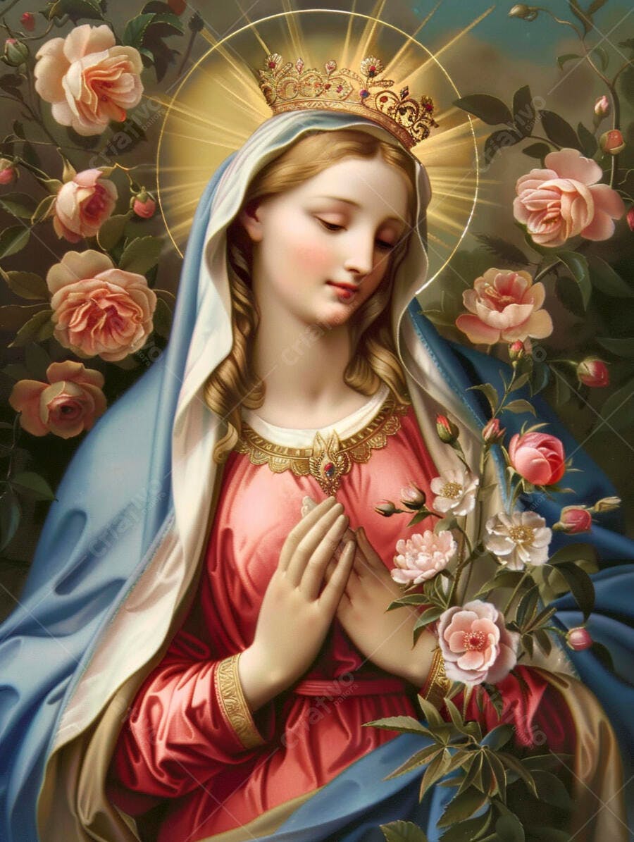 Virgem Maria com coroa dourada e manto azul em oração entre rosas