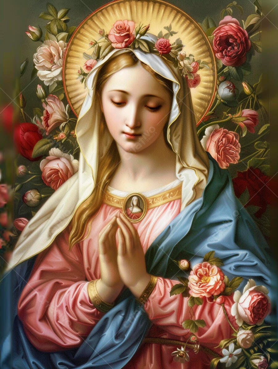 Virgem Maria em oração com manto azul rodeada por rosas clássicas