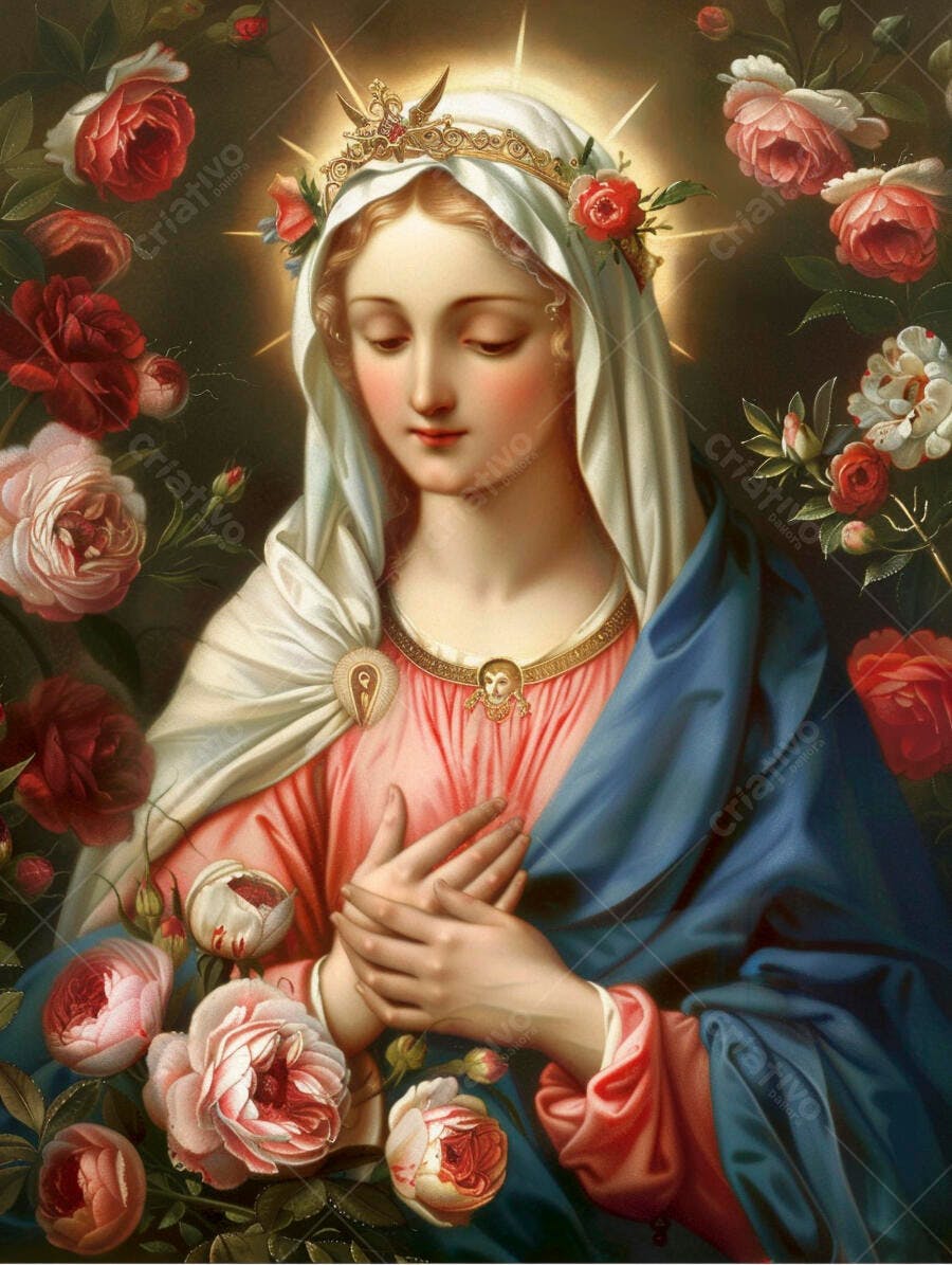 Virgem Maria coroada com manto azul e rosas vermelhas em pintura clássica
