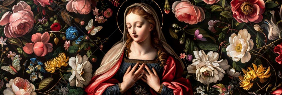 Virgem Maria de pele clara em manto azul e vermelho halo dourado e flores