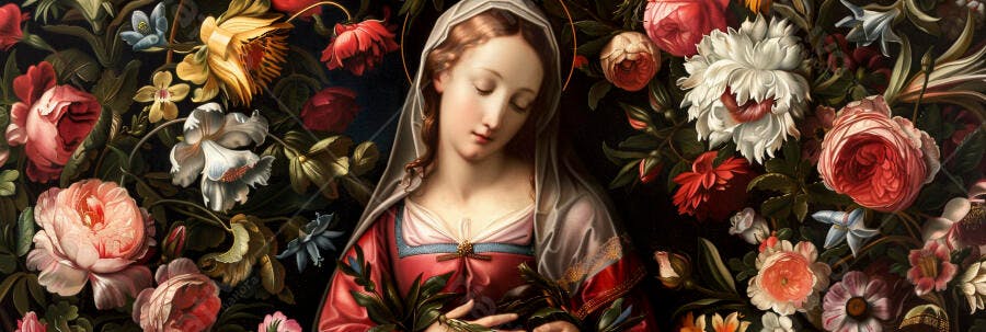 Mulher santa com auréola em meio a buquê de flores vibrantes
