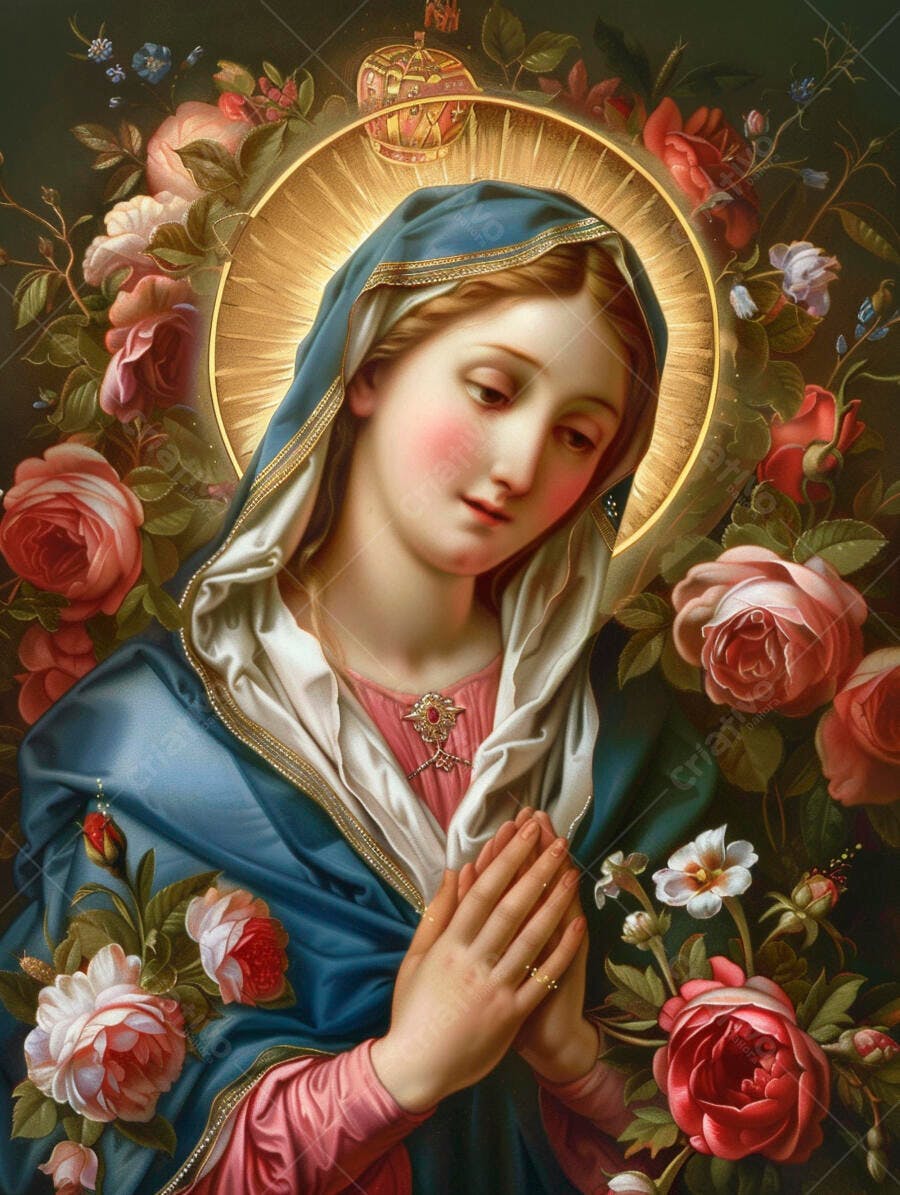 Virgem Maria com halo dourado e rosas em oração fervorosa