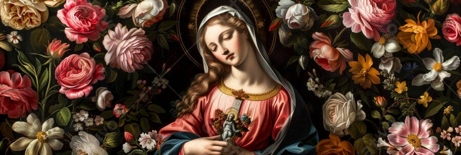 Nossa Senhora com véu branco e halo dourado cercada por flores vibrantes fundo escuro