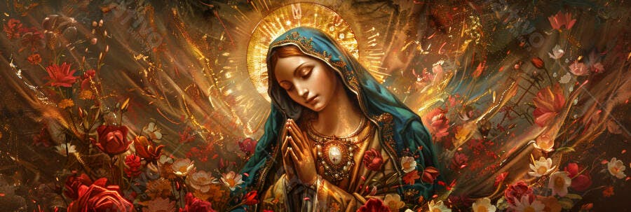 Virgem Maria rezando com manto azul dourado e halo em jardim de rosas vermelhas
