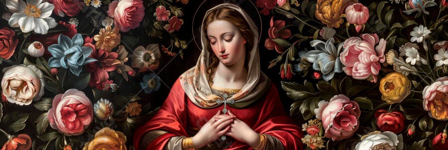 Virgem Maria contemplativa entre flores exuberantes em pintura clássica