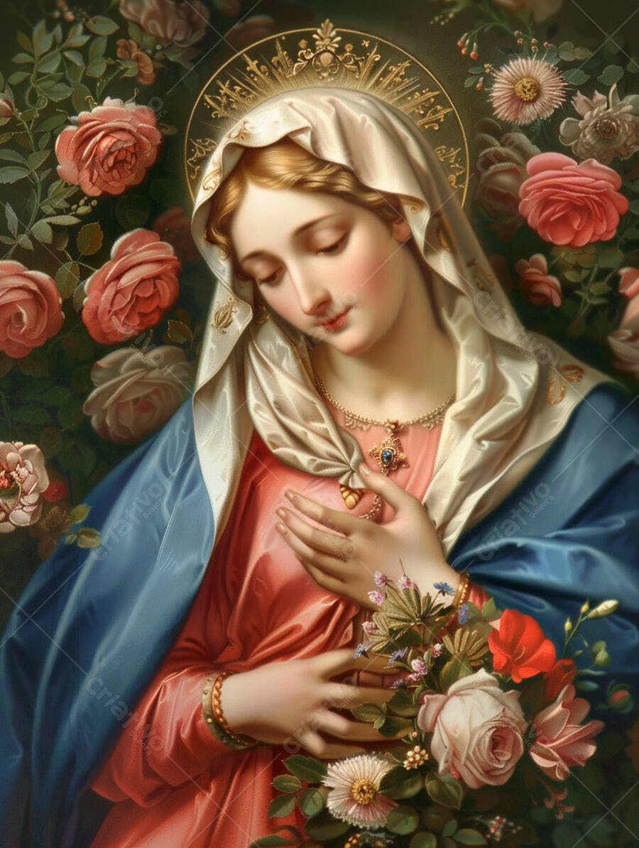 Virgem Maria com véu branco e manto azul rodeada por rosas auréola divina