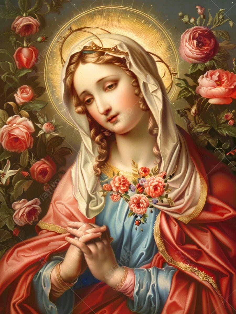 Virgem Maria com manto vermelho véu branco e mãos em oração cercada por rosas