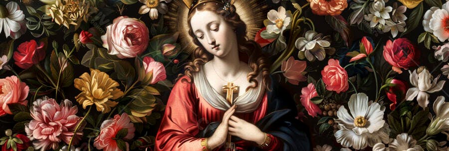 Virgem Maria com auréola e cruz dourada entre flores vibrantes