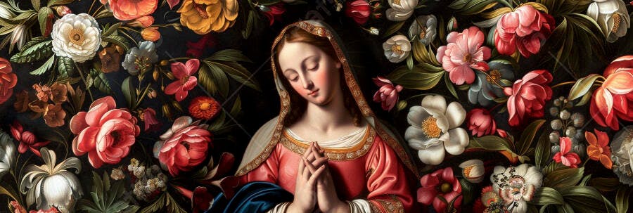 Virgem Maria em oração com véu dourado entre flores vermelhas e brancas clássicas