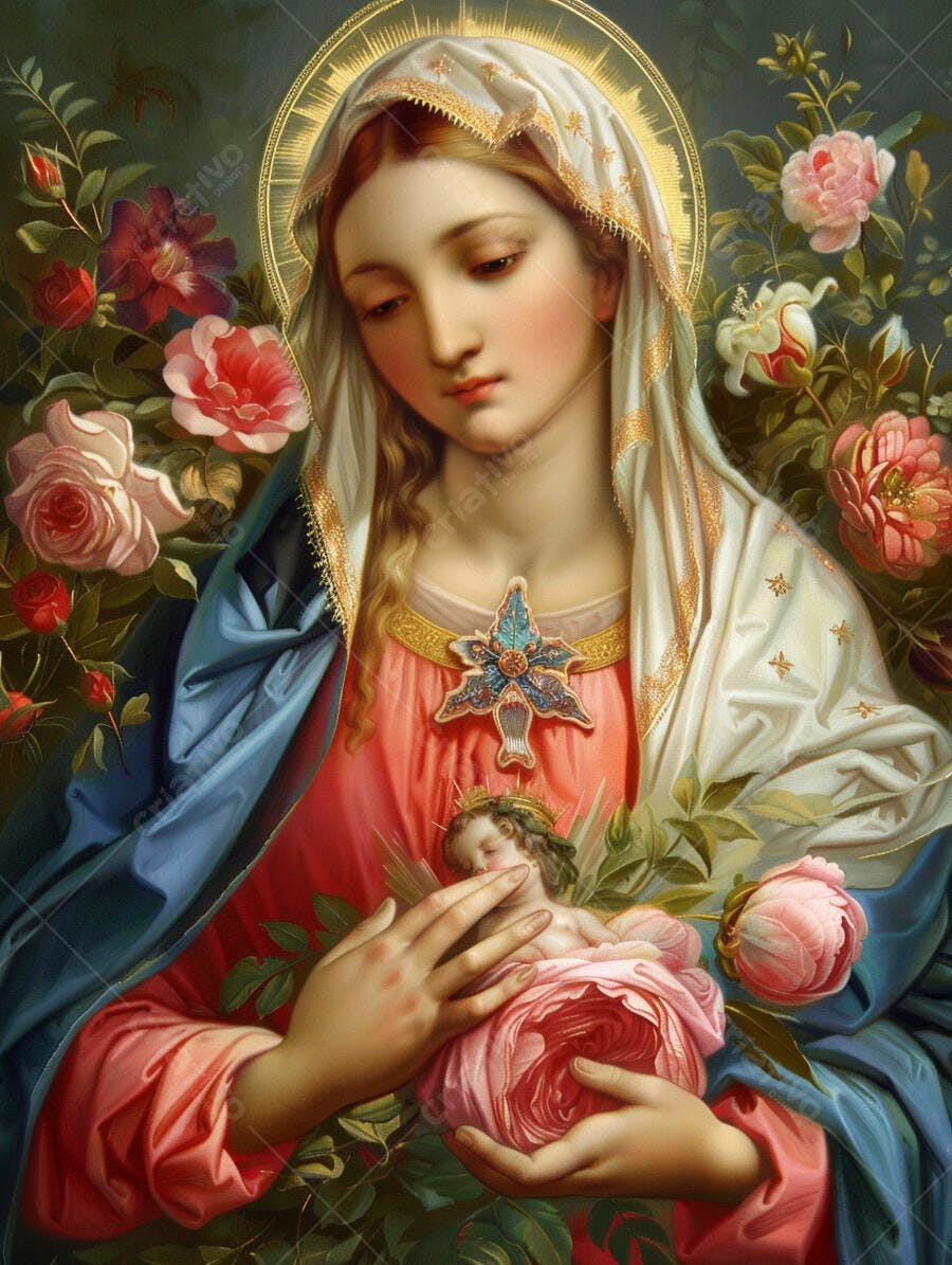 Virgem Maria com menino Jesus anjo e véu dourado cercada por rosas em pintura clássica