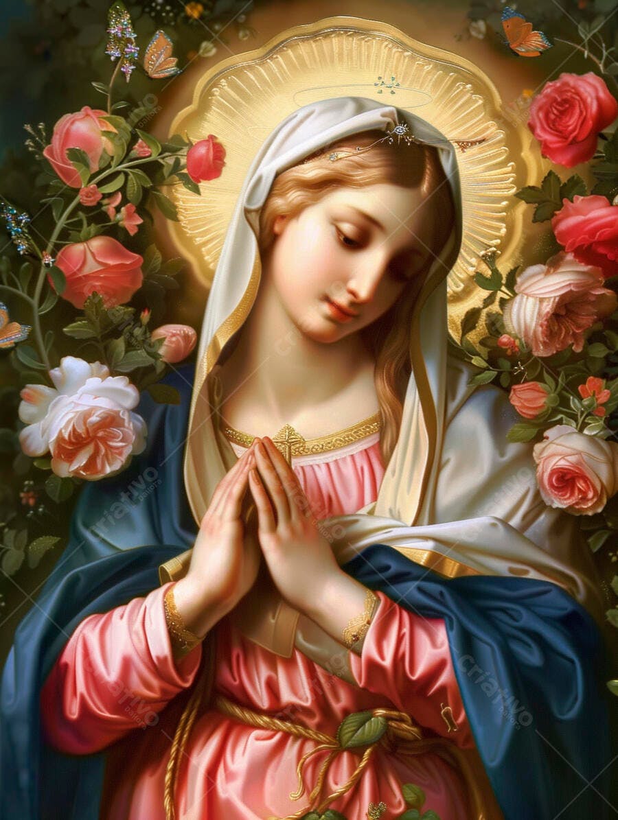 Virgem Maria de véu branco e manto azul rezando entre rosas e borboletas