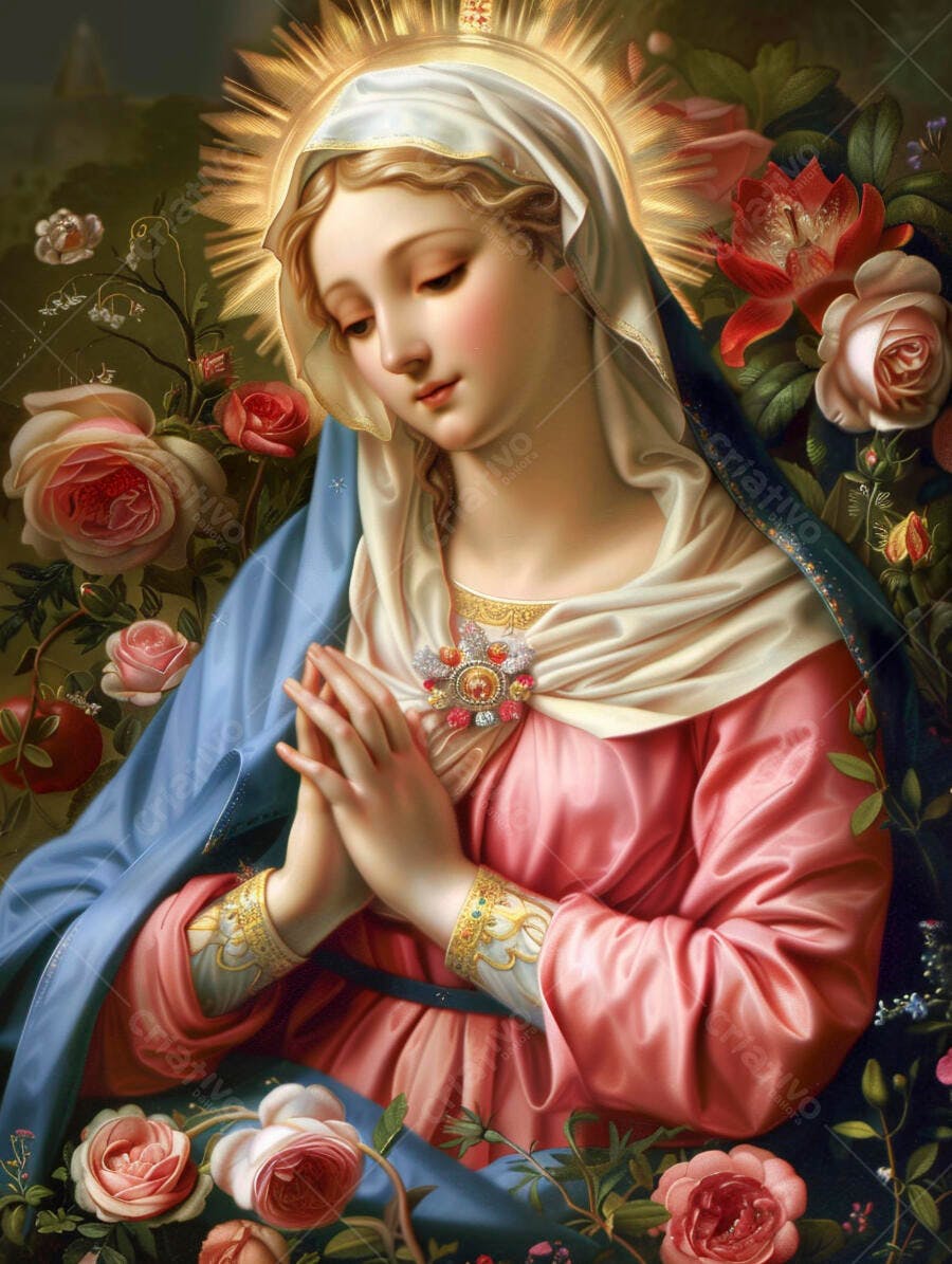 Virgem Maria em vestes azuis e rosas com halo dourado em oração no jardim de rosas