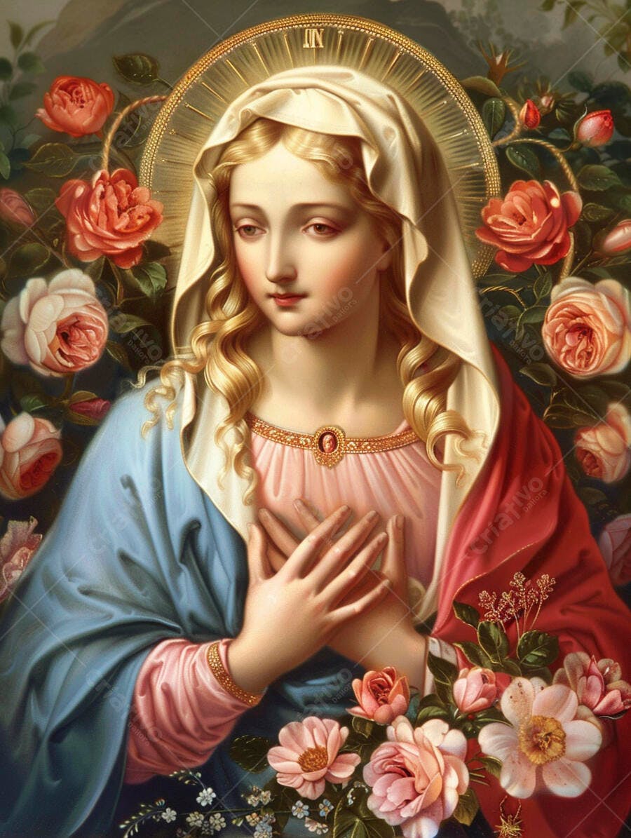 Virgem Maria loira em pintura clássica com manto azul e rosas