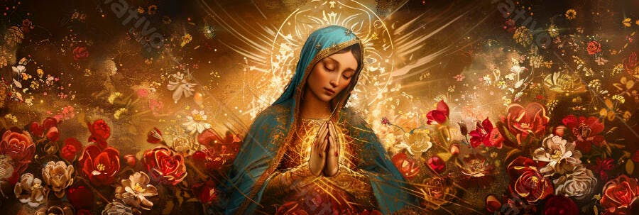 Nossa Senhora em oração com manto azul e halo dourado entre rosas vermelhas
