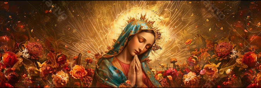 Nossa Senhora em oração com véu azul e flores douradas ao redor
