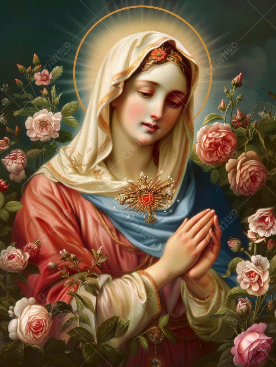 Virgem Maria serena rezando entre rosas vermelhas brancas com auréola dourada