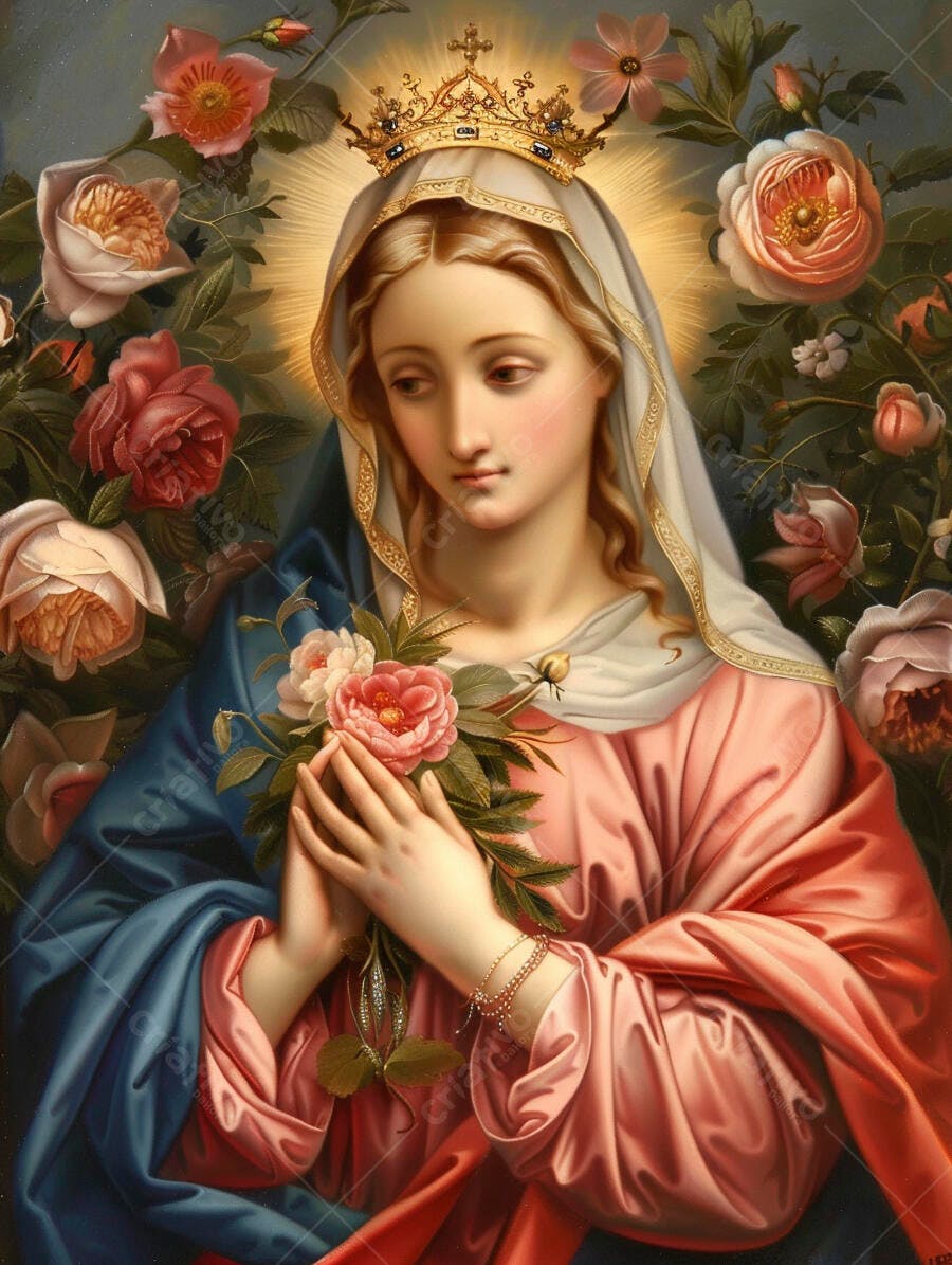 Virgem Maria com coroa dourada e manto azul segurando buquê de rosas