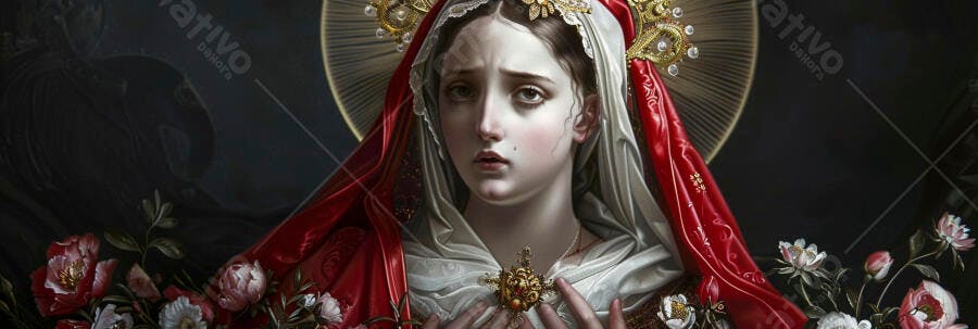 Virgem Maria triste com véu branco e manto vermelho em arte sacra