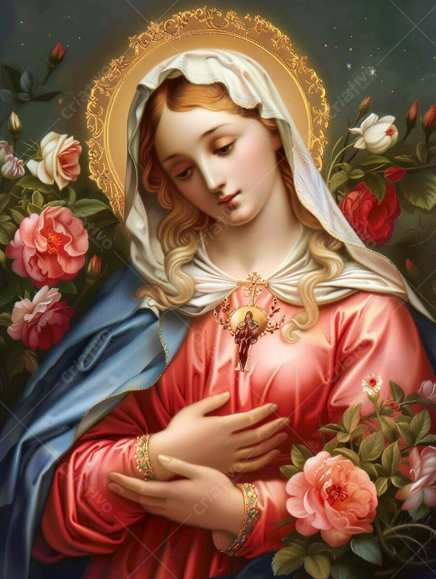 Virgem Maria jovem com véu branco e manto azul rezando entre rosas vermelhas