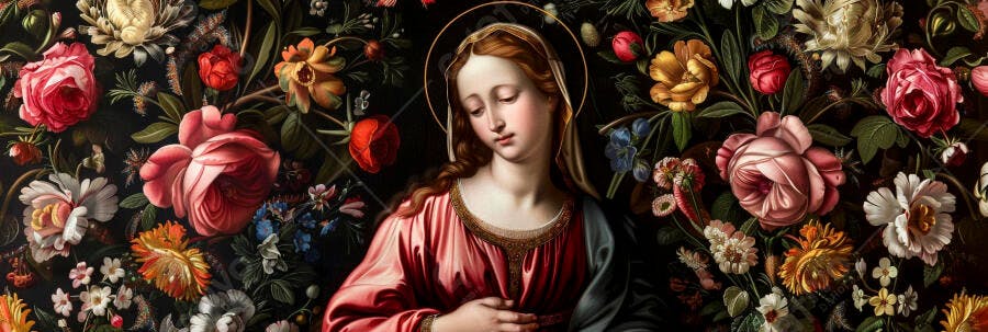 Madonna com halo vestido rosa e azul em fundo floral clássico exuberante
