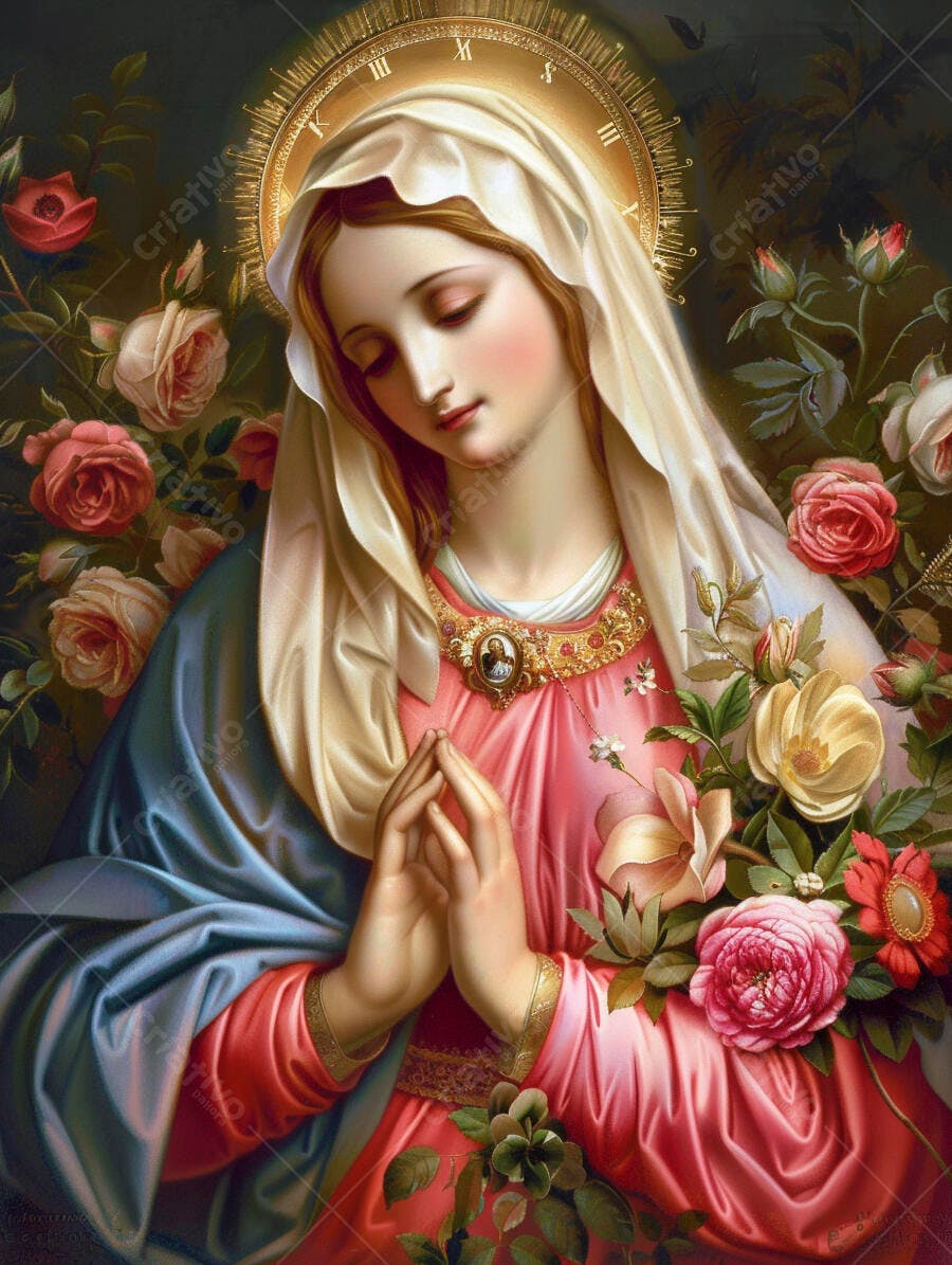 Virgem Maria em oração com manto azul e vestido rosa rodeada por rosas e halo dourado