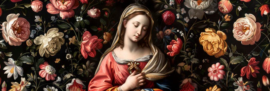 Virgem Maria com vestes vermelhas e véu entre flores escuras barrocas