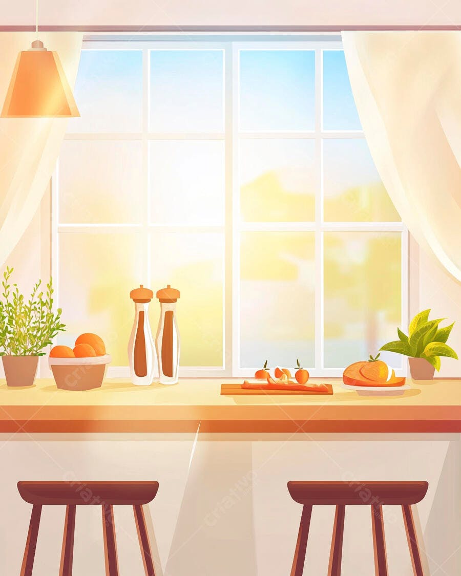 Bancada de cozinha ensolarada com frutas plantas e luz natural