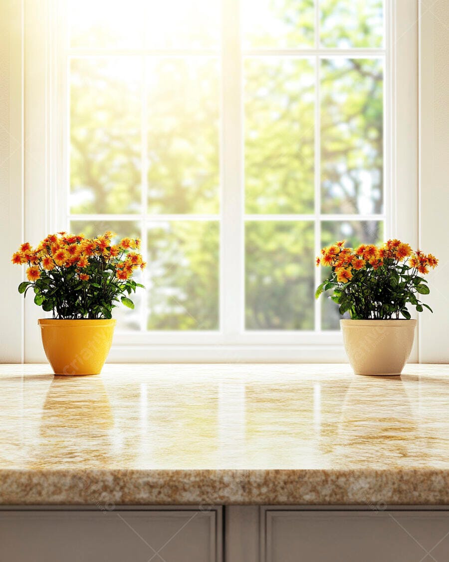 Duas plantas com flores laranja no balcão da cozinha ensolarada