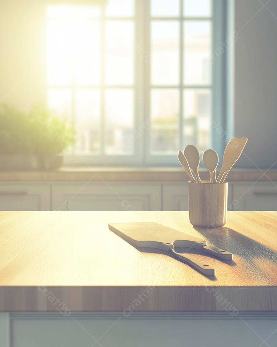 Bancada de cozinha iluminada com utensílios e tábua de madeira à luz do sol
