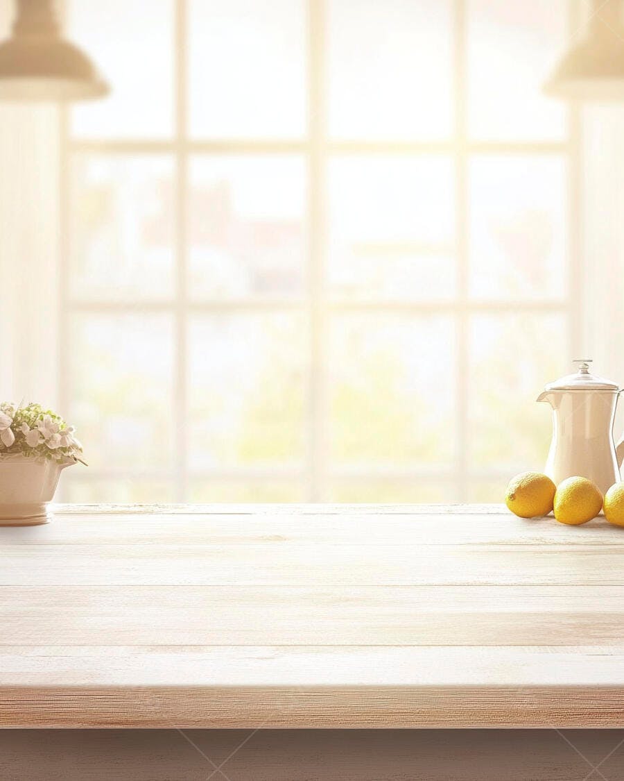 Bancada de cozinha clara com limões jarra e flores frescas sob luz natural