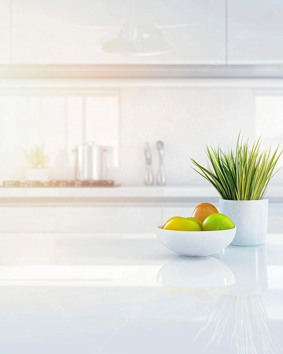 Cozinha branca moderna com tigela de frutas frescas e planta verde