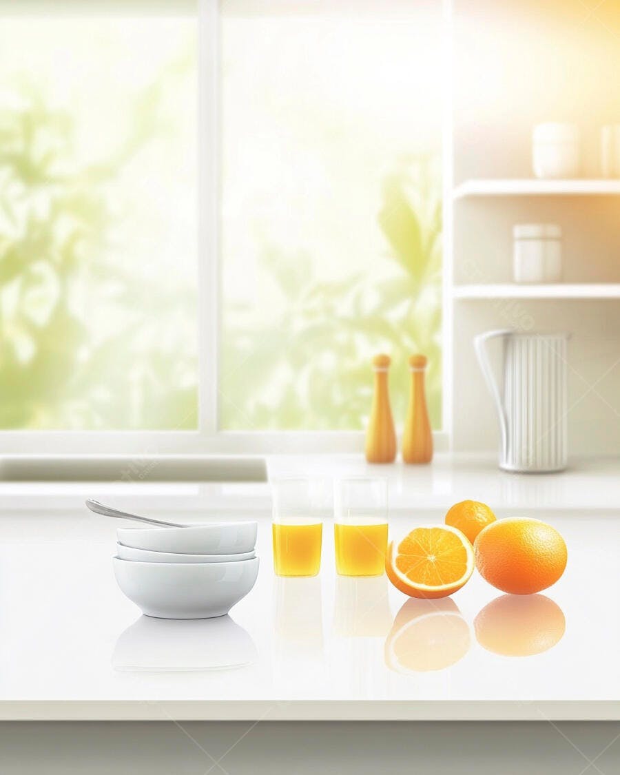 Laranjas e suco natural em bancada branca de cozinha moderna ao amanhecer