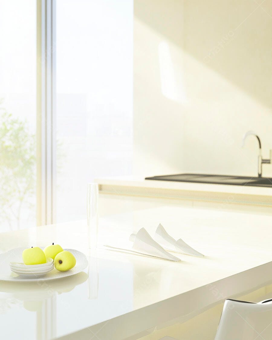Bancada de cozinha moderna com maçãs verdes e luz natural brilhante