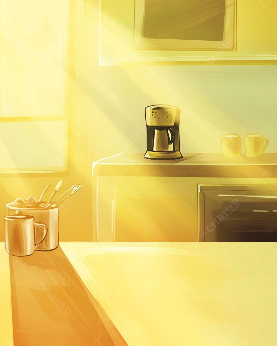 Cozinha iluminada pelo sol da manhã com cafeteira e canecas