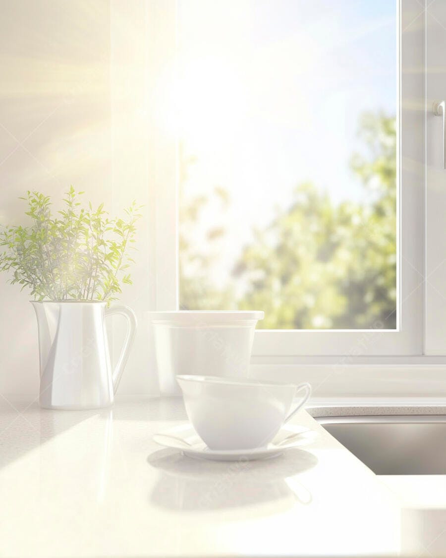 Cozinha moderna iluminada pelo sol com planta verde e xícara branca