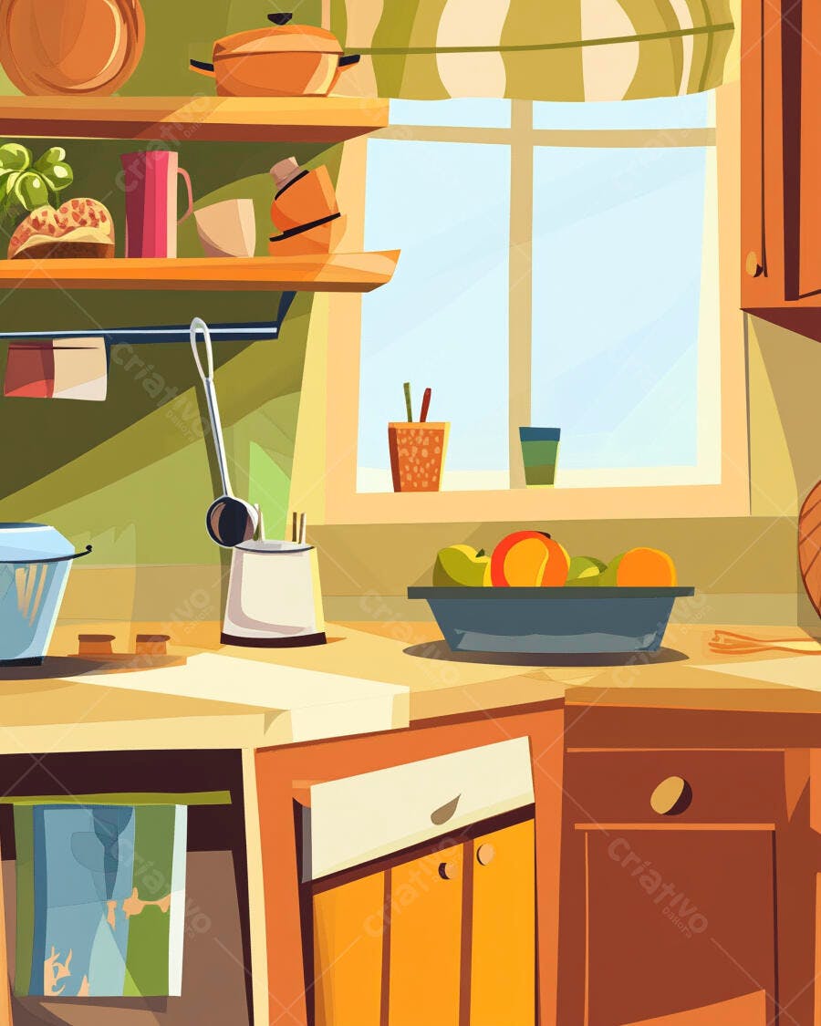 Cozinha aconchegante ilustrada com janela, bancada e utensílios coloridos