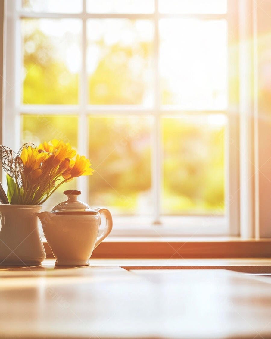 Flores amarelas e bule branco em mesa de madeira com luz solar na janela